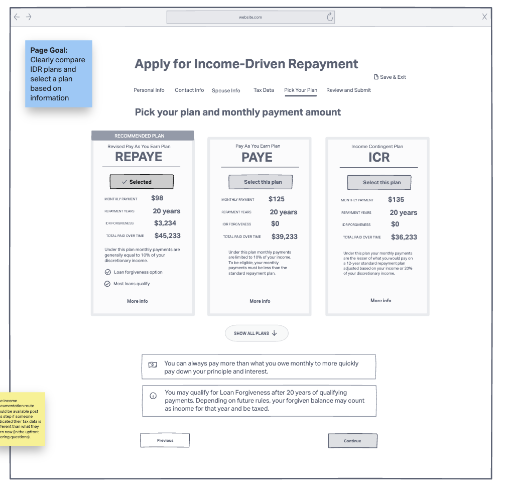 Early concept showing a repayment plan selection page. We tested this version against a horizontal card option.